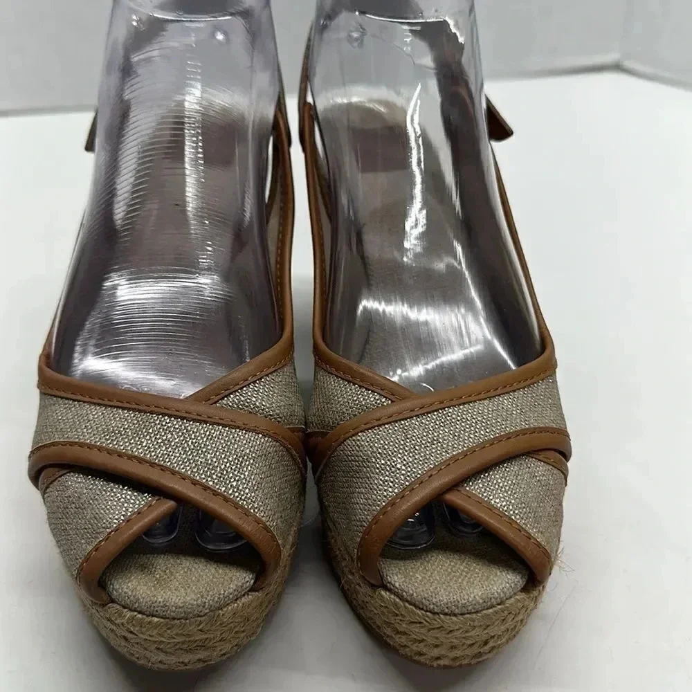 Tory Burch Mya Espadrille Wedge Heels Pump Peep Toe Slingback Brown Sparkle 7